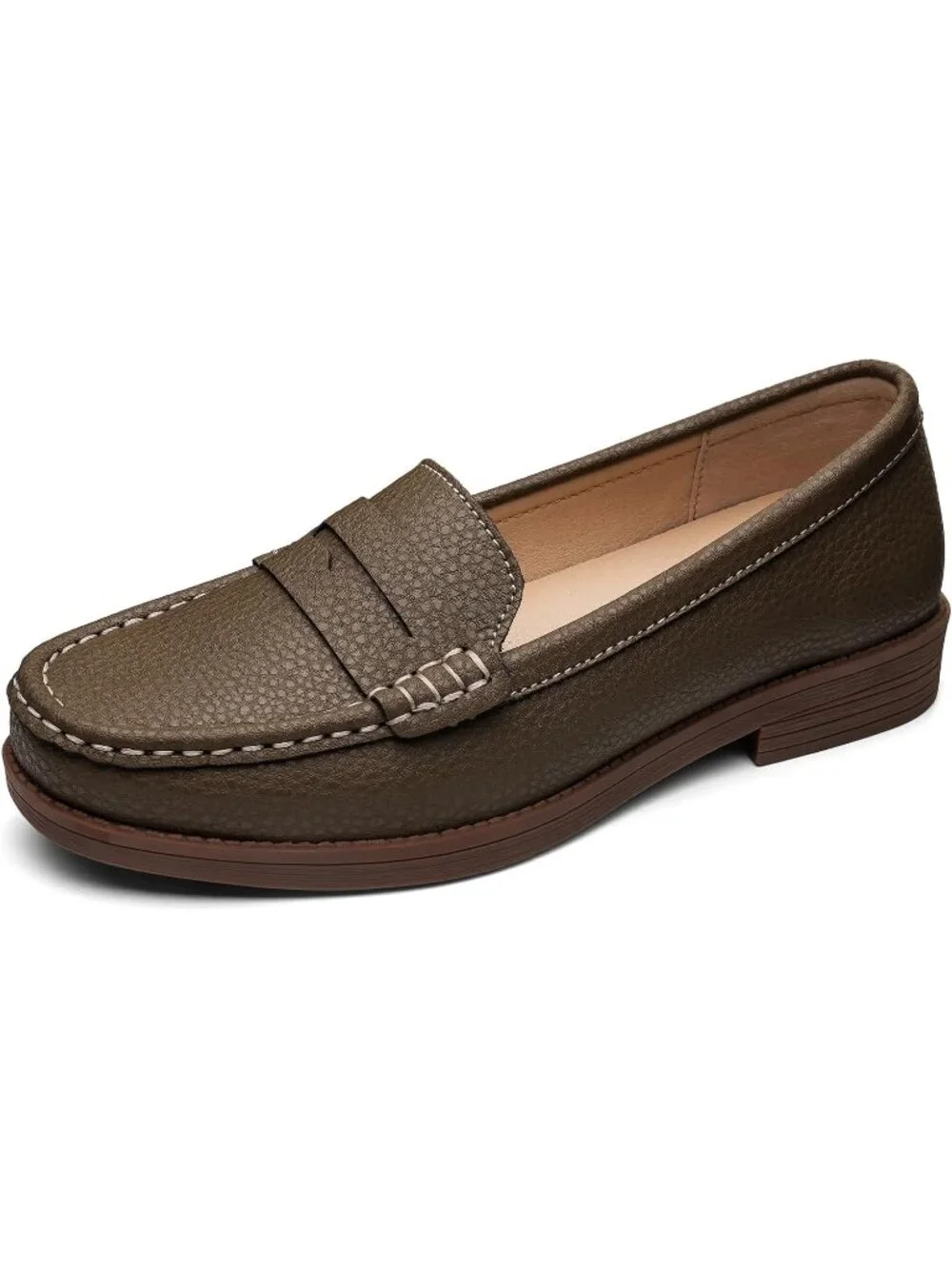 Women's Khaki Leather Comfortable Penny Loafers Slip On Casual Walking Shoes